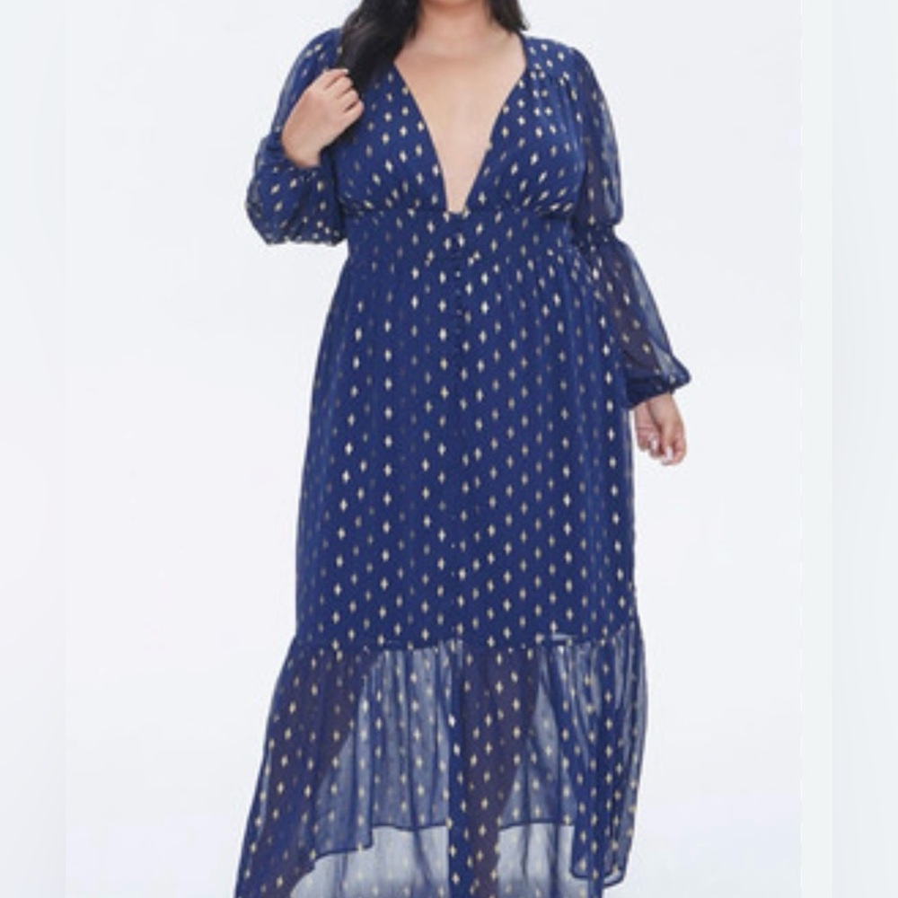 Forever 21 Blue Maxi Dress women’s 3X Gold Print Detail